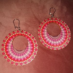 Oversized Abstract Hoop Earrings Bohemian Round Wood Hoops Pink Red Butterfly